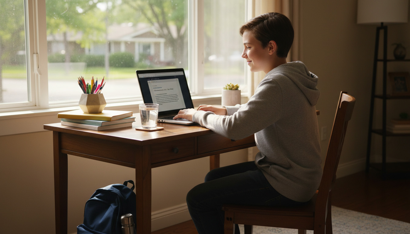 Teenager independently completing homework with confidence