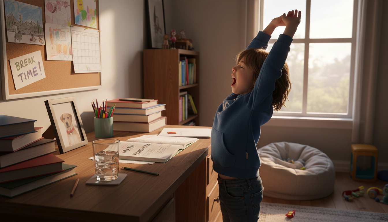 Child taking a short break, stretching or getting a drink, before returning to homework