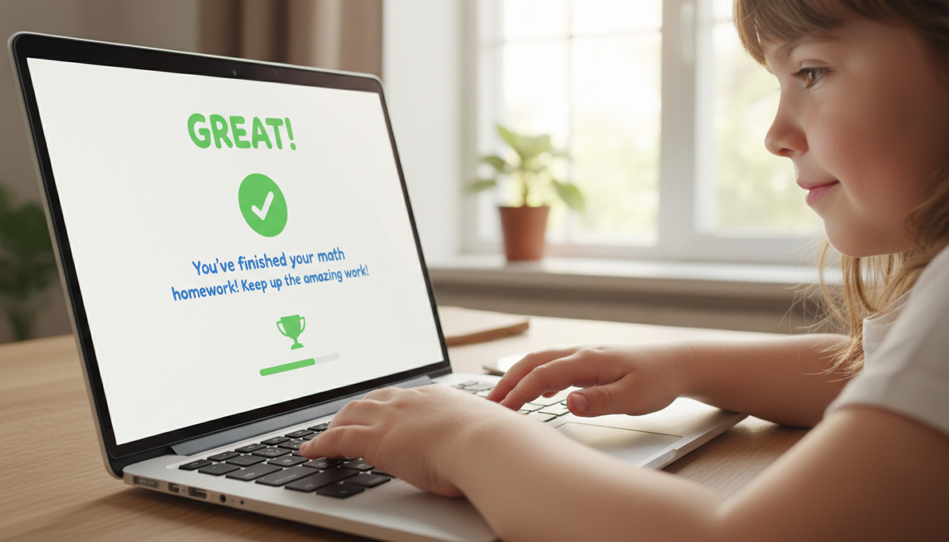 Child receiving positive instant feedback on auto marked homework