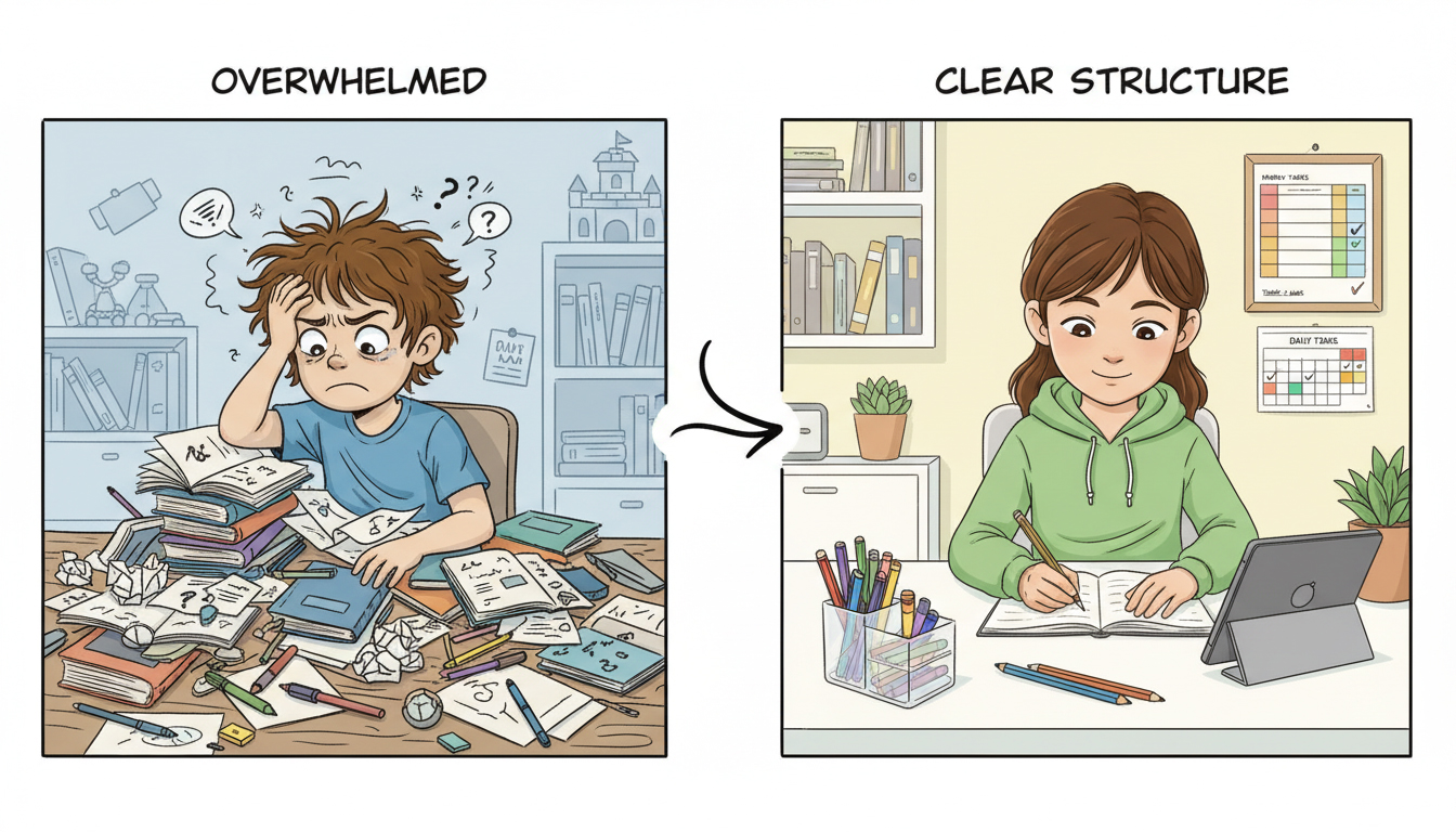 Child looking overwhelmed at desk vs child working calmly with clear structure