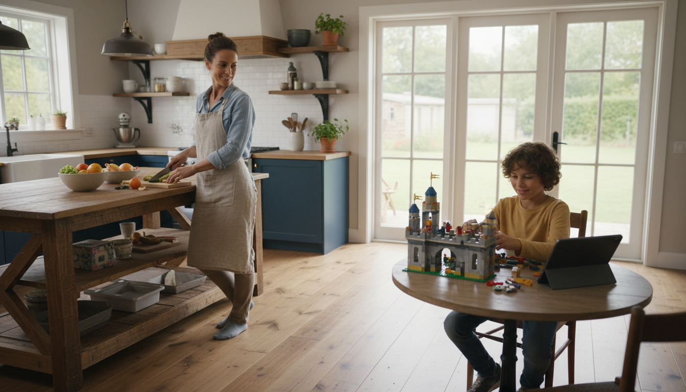 Parent in kitchen while child works independently at table nearby, supportive but not hovering