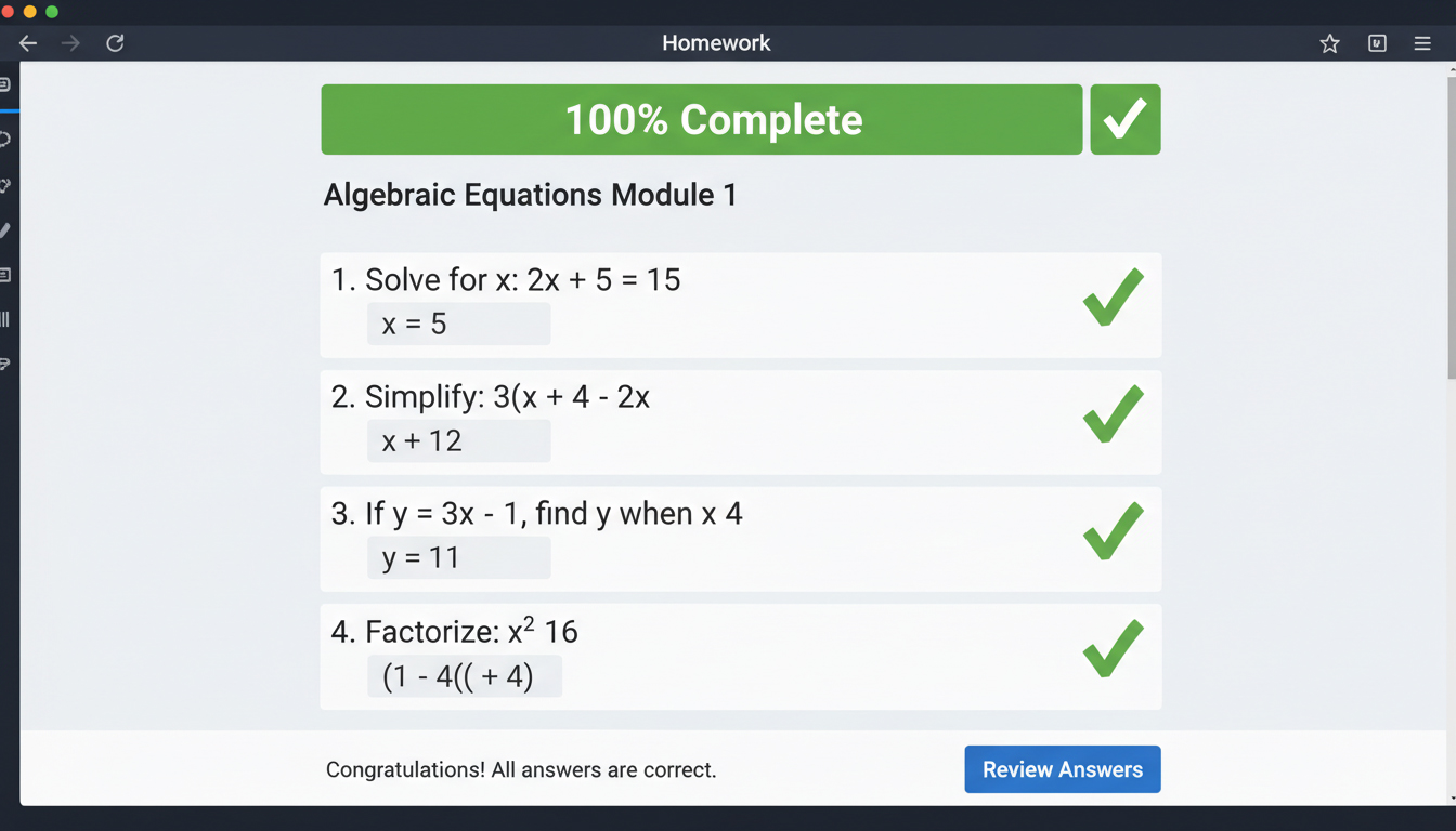 Screenshot of online homework platform showing instant feedback with green ticks and progress indicator